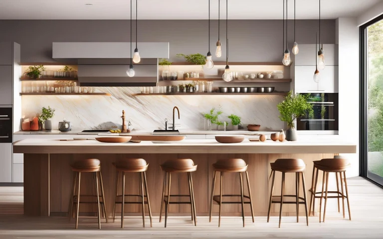 Cocina y comedor unidos por una barra americana de diseño contemporáneo.